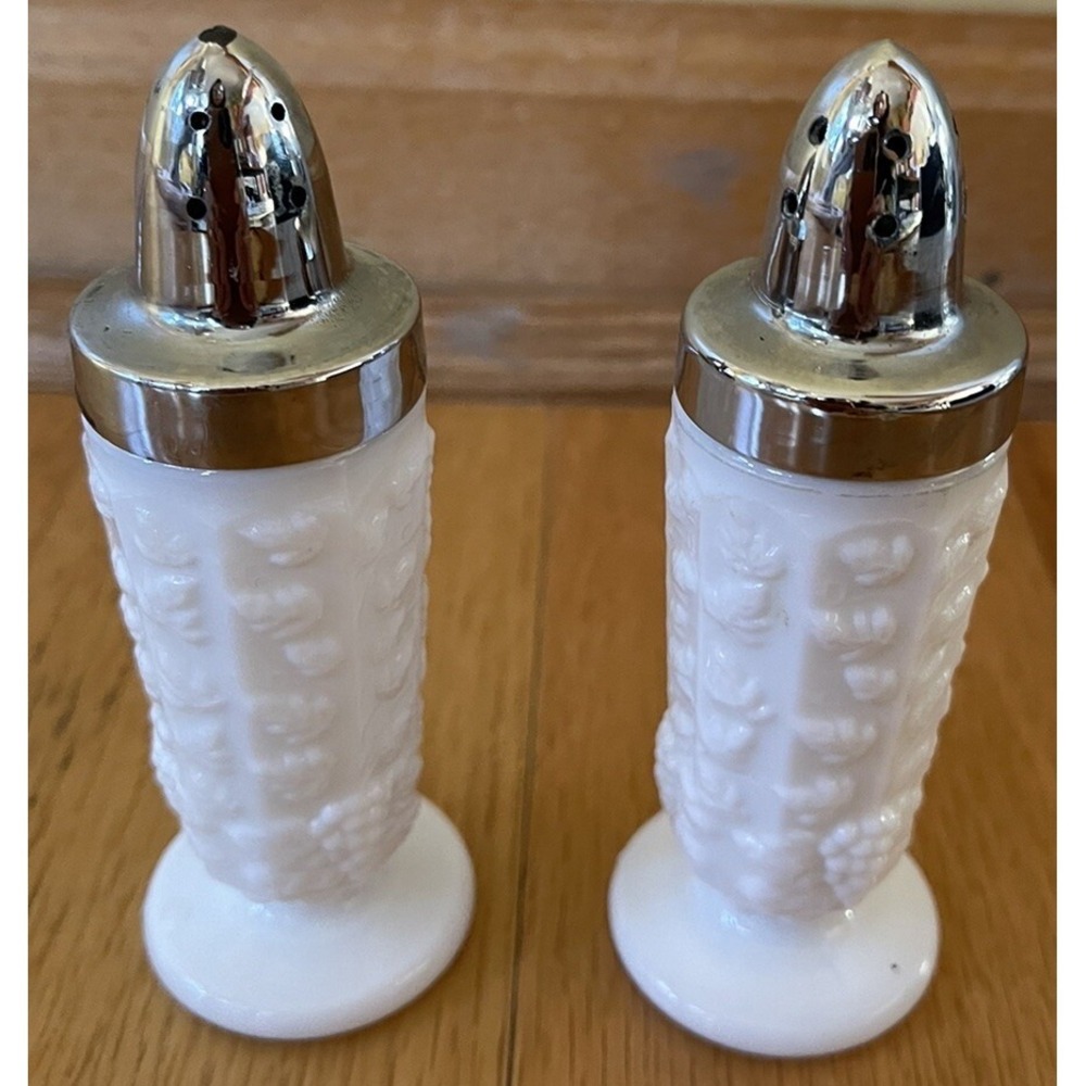 VTG Milk Glass Salt & Pepper Shakers~Embossed Grapes & Leaves~Pedestal Base